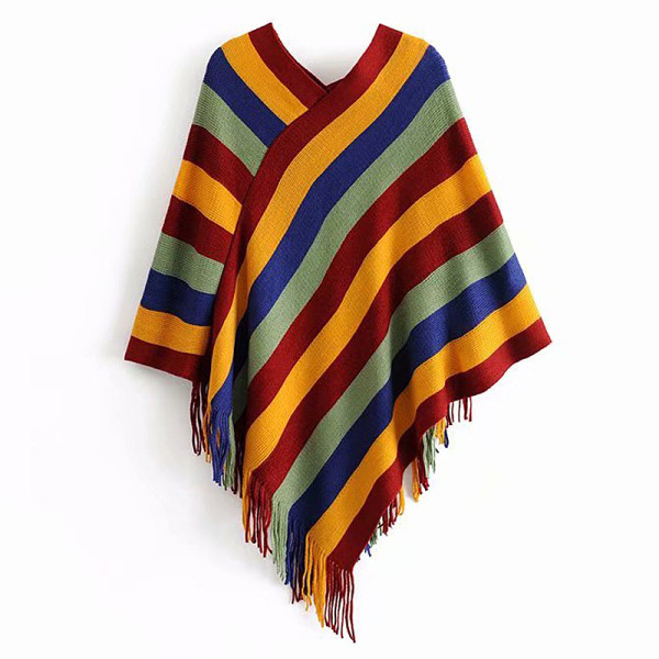 Csíkos kötött poncsó spitz nyakkivágással, piros és barna színben