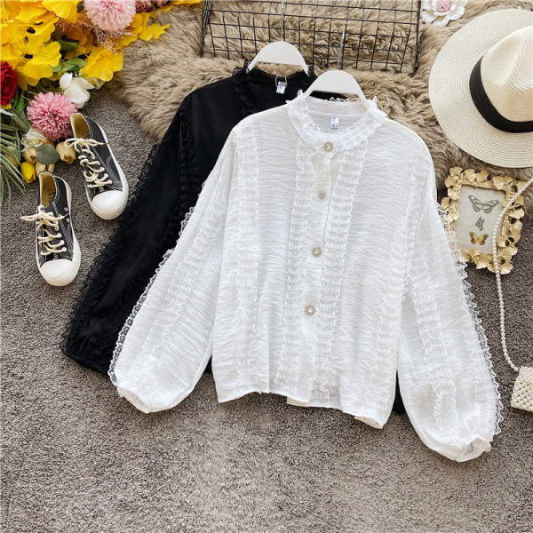 Cămașă modernă de damă cu nasturi și mâneci largi în alb, negru, roz și verde