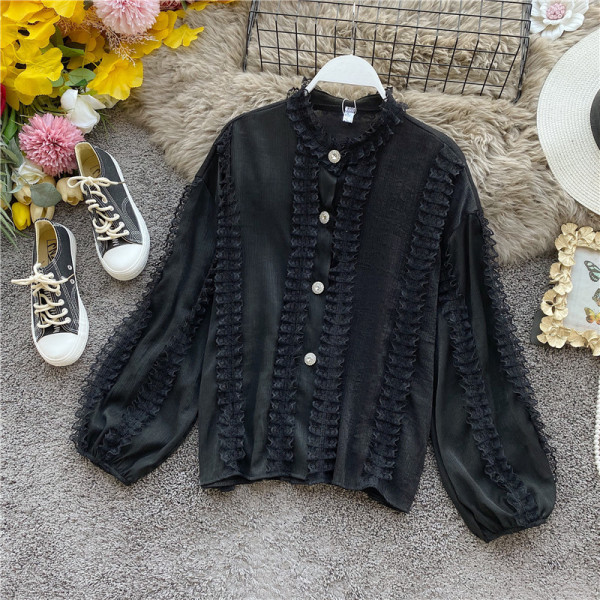 Cămașă modernă de damă cu nasturi și mâneci largi în alb, negru, roz și verde