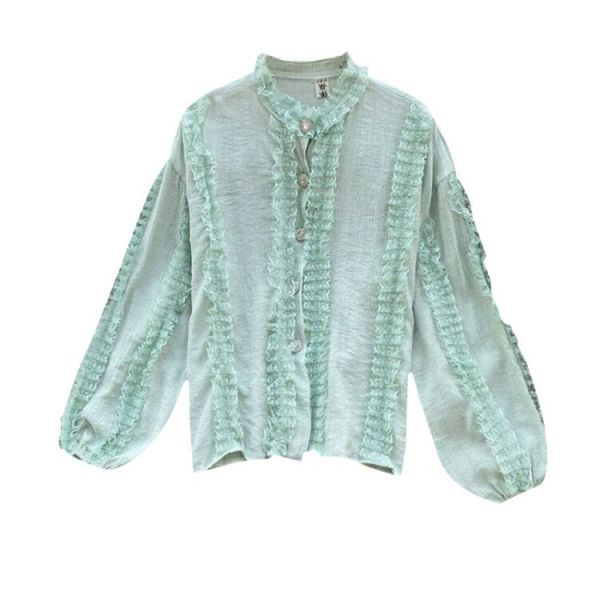 Cămașă modernă de damă cu nasturi și mâneci largi în alb, negru, roz și verde