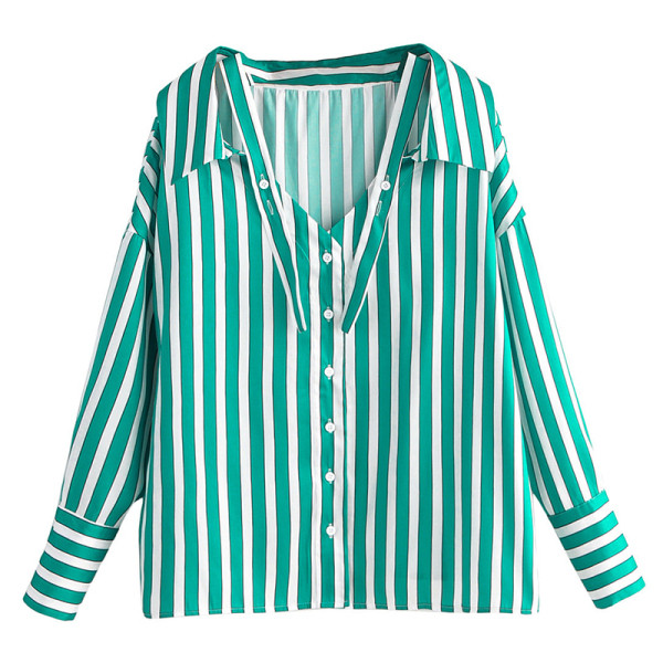 Camasa de dama in dungi model lat cu guler clasic si nasturi de culoare verde