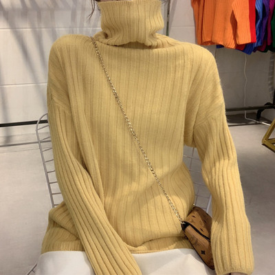 Pulover de iarnă de damă cu guler polo înalt în verde, bej, galben, portocaliu, alb și bej