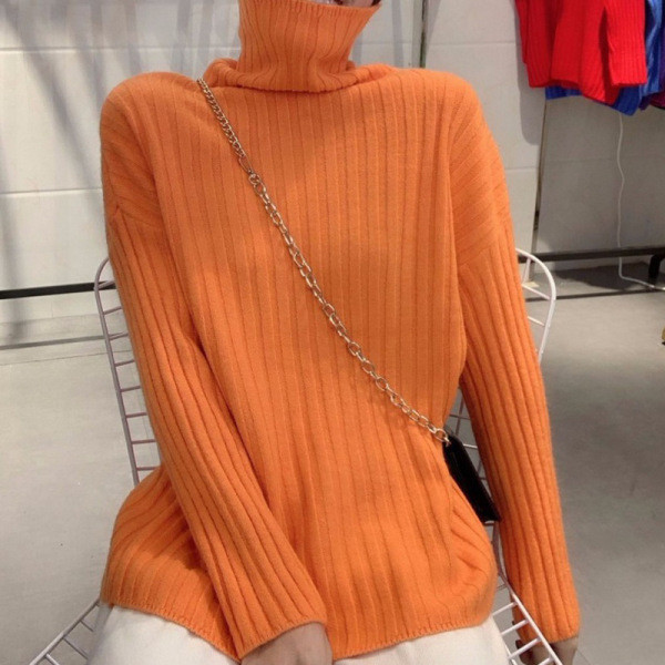 Pulover de iarnă de damă cu guler polo înalt în verde, bej, galben, portocaliu, alb și bej