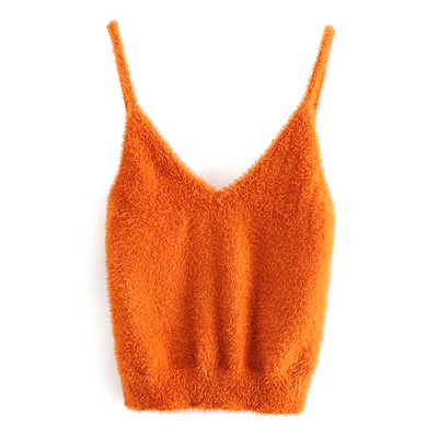 Vestă scurtă de puf de damă cu bretele subțiri de culoare portocalie