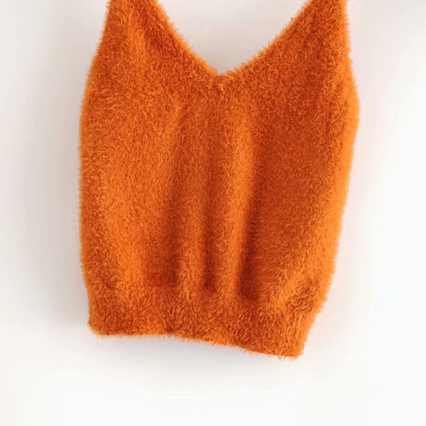 Vestă scurtă de puf de damă cu bretele subțiri de culoare portocalie