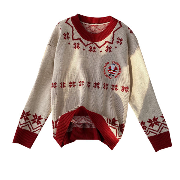 Modern női pulóver ovális nyakkivágással és karácsonyi mintával piros és bézs színben