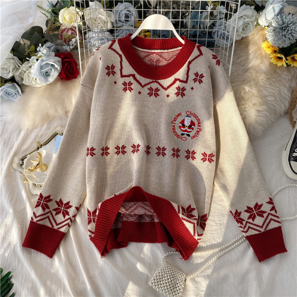 Modern női pulóver ovális nyakkivágással és karácsonyi mintával piros és bézs színben