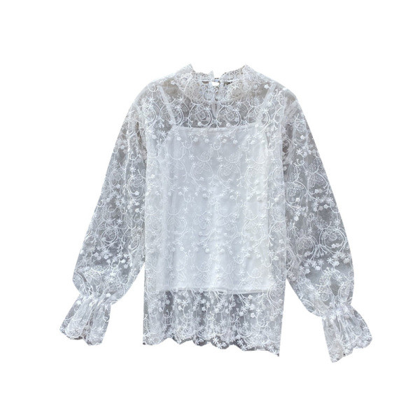 Modern női tüll blúz hímzéssel és magas gallérral bézs, fehér és fekete színben