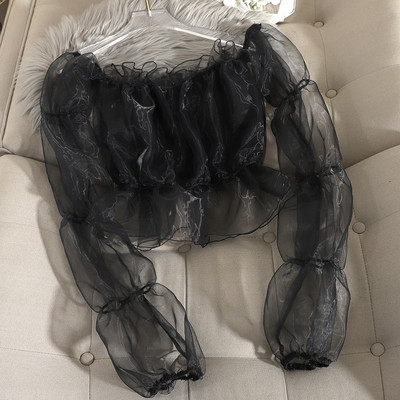 Bluza scurta de dama in patru culori cu maneci din tul si decolteu rotund