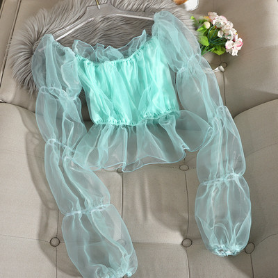 Bluza scurta de dama in patru culori cu maneci din tul si decolteu rotund