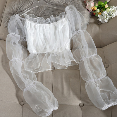 Bluza scurta de dama in patru culori cu maneci din tul si decolteu rotund