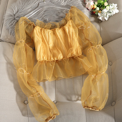 Bluza scurta de dama in patru culori cu maneci din tul si decolteu rotund