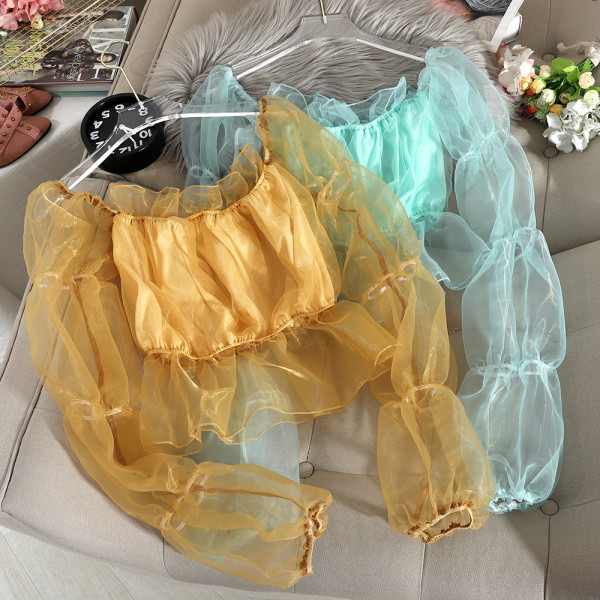 Bluza scurta de dama in patru culori cu maneci din tul si decolteu rotund