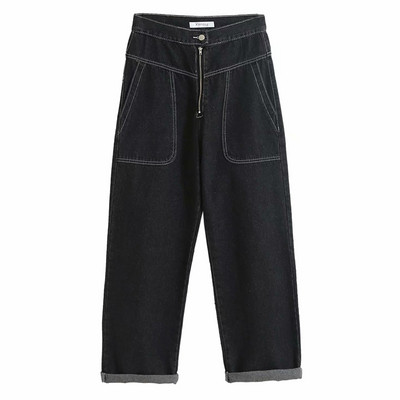 Alkalmi női farmer kék és fekete széles modellben, cipzárral és zsebekkel