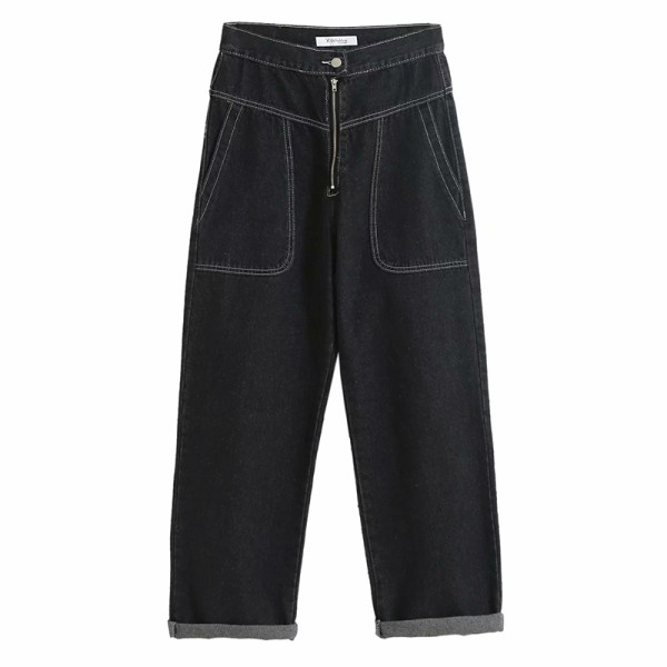 Alkalmi női farmer kék és fekete széles modellben, cipzárral és zsebekkel