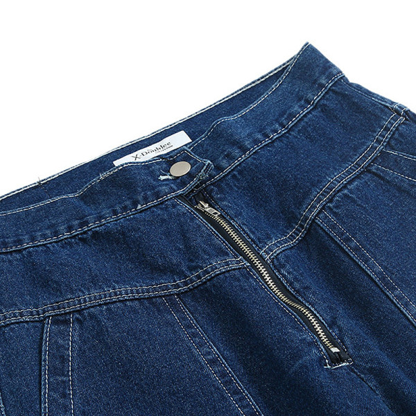 Alkalmi női farmer kék és fekete széles modellben, cipzárral és zsebekkel