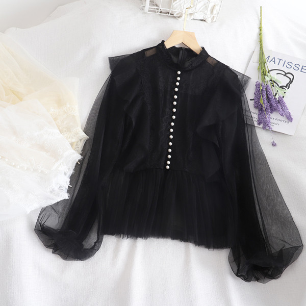 Stílusos női ing fekete, bézs és fehér színben, gyöngyökkel és tüll ujjakkal