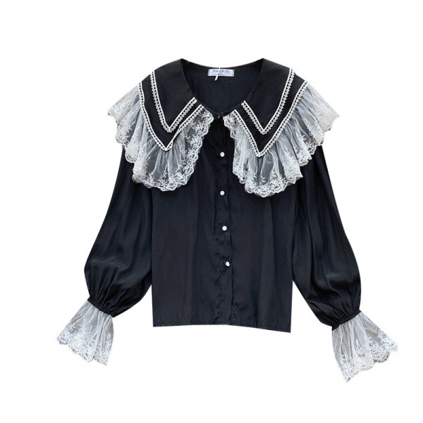 Stílusos női ing fehér, fekete és bézs színben, csipkével és gombokkal