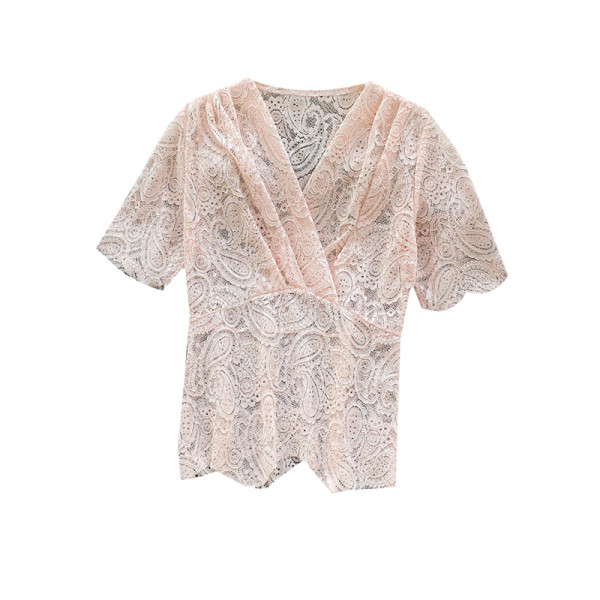 Modern női csipkeblúz mély nyakkivágással és rövid ujjú rózsaszín, fehér, bézs és fekete színben