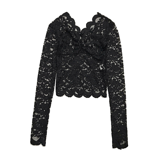 Fekete-fehér női csipkeblúz V-nyakkal és hosszú ujjal