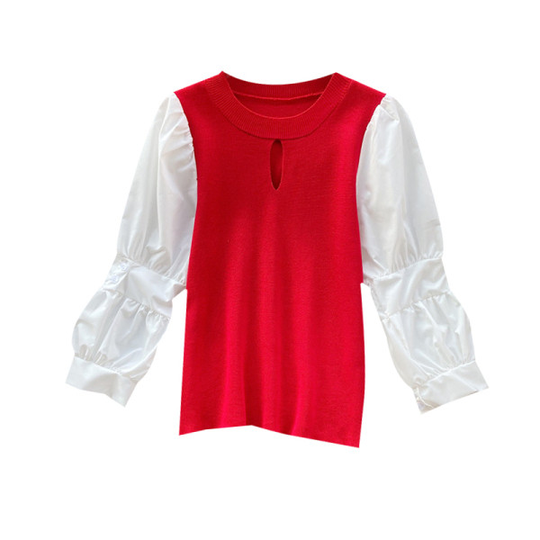 Bluză de damă modernă cu decolteu oval în roșu și negru