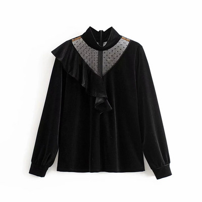 Bluza eleganta dama model larg din catifea si tul in negru