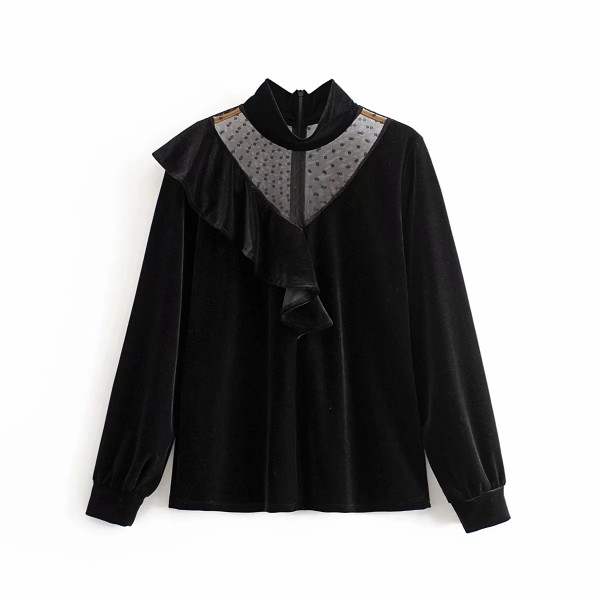 Bluza eleganta dama model larg din catifea si tul in negru