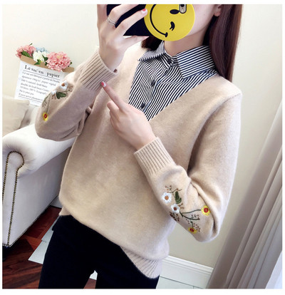 Női őszi-téli pulóver szürke, fekete és fehér hímzéssel