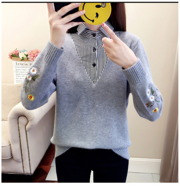 Női őszi-téli pulóver szürke, fekete és fehér hímzéssel