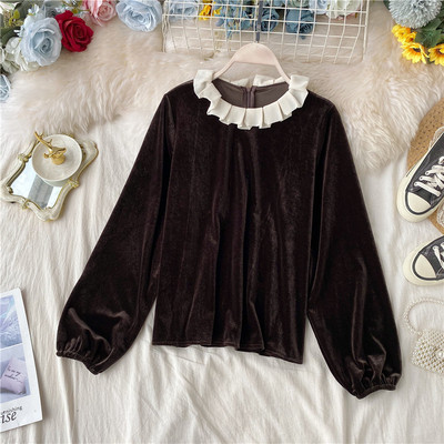 Cămașă de damă modernă din catifea, cu mâneci lungi și fermoar pe spate, în negru și maro