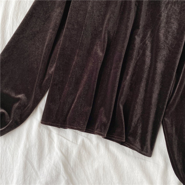 Cămașă de damă modernă din catifea, cu mâneci lungi și fermoar pe spate, în negru și maro