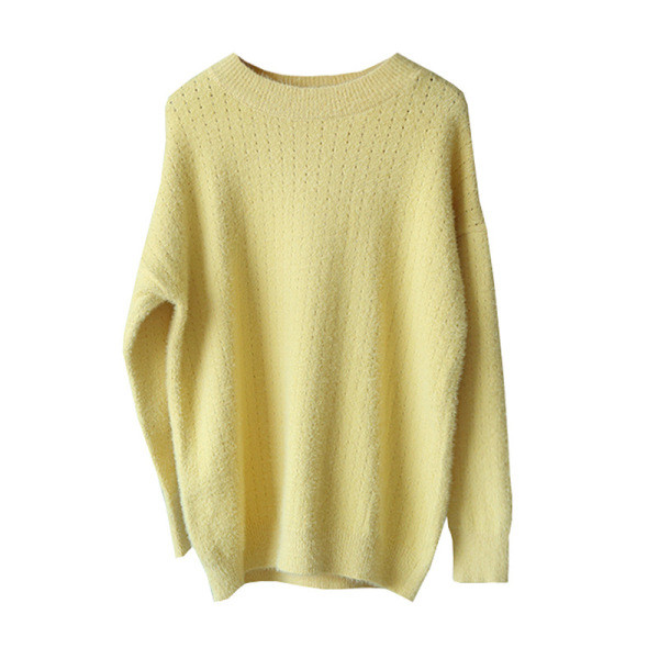 Női téli pulóver kerek nyakkivágással, aszimmetrikus mintával, sárga és lila színben