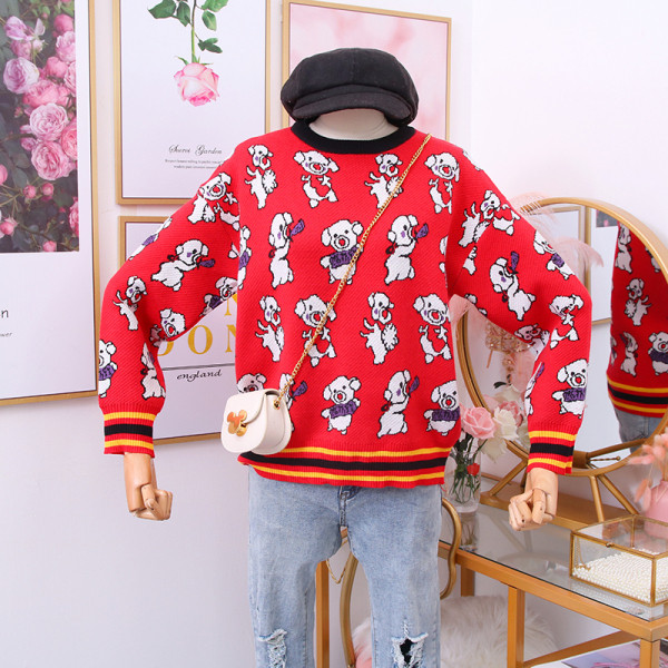 Modern női pulóver ovális nyakkivágással és hosszú ujjú piros színben