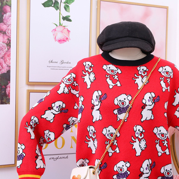 Modern női pulóver ovális nyakkivágással és hosszú ujjú piros színben