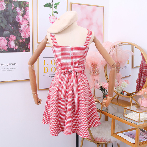 Modern női kockás ruha piros, fekete és sárga pántokkal