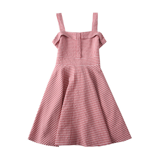 Modern női kockás ruha piros, fekete és sárga pántokkal