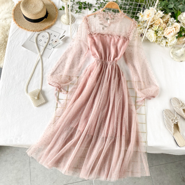 Női pöttyös ruha tüllel és gyöngyökkel, kék, fekete, bézs, rózsaszín és lila színekben