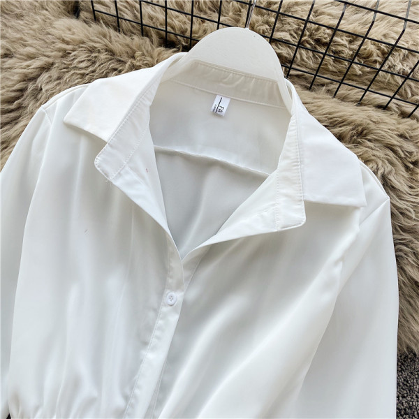 Cămașă modernă de damă cu decolteu spitz și guler clasic în alb