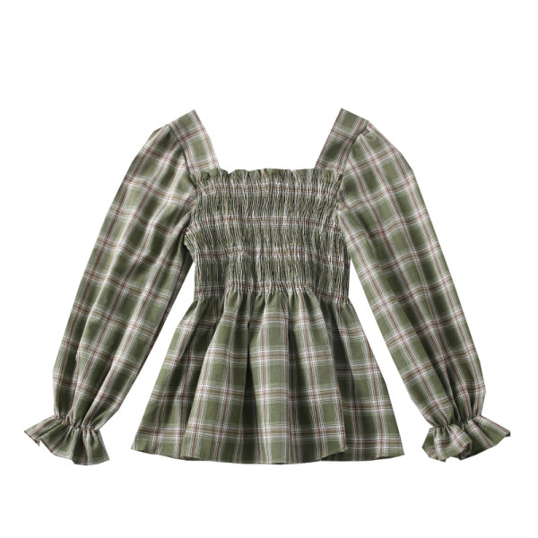 Bluză de damă în carouri cu decolteu pătrat în roșu, negru și verde