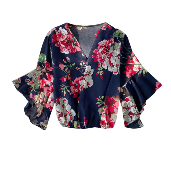 Modern női blúz rövid, széles ujjú virágmintával