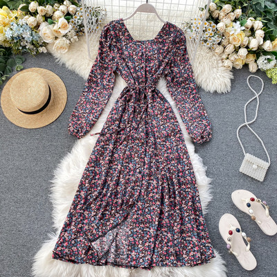 Virágmintás női hosszú ruha gombokkal és övvel zöld, kék és barna színben