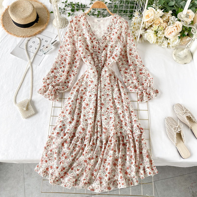 Rochie de dama cu model floral si decolteu in V in alb, albastru, portocaliu, galben si albastru