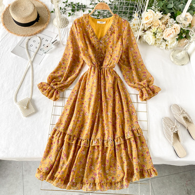 Rochie de dama cu model floral si decolteu in V in alb, albastru, portocaliu, galben si albastru