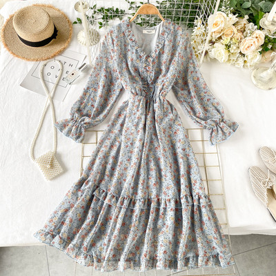 Rochie de dama cu model floral si decolteu in V in alb, albastru, portocaliu, galben si albastru