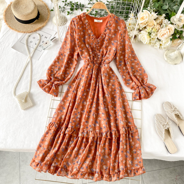 Rochie de dama cu model floral si decolteu in V in alb, albastru, portocaliu, galben si albastru