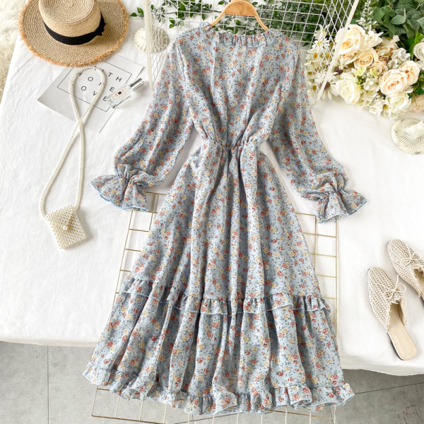 Rochie de dama cu model floral si decolteu in V in alb, albastru, portocaliu, galben si albastru