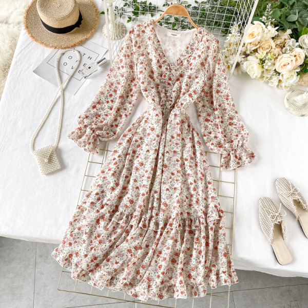 Rochie de dama cu model floral si decolteu in V in alb, albastru, portocaliu, galben si albastru