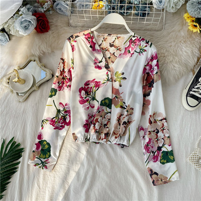 Modern női ing virágmintás, spitz nyakkivágással piros és fehér színben