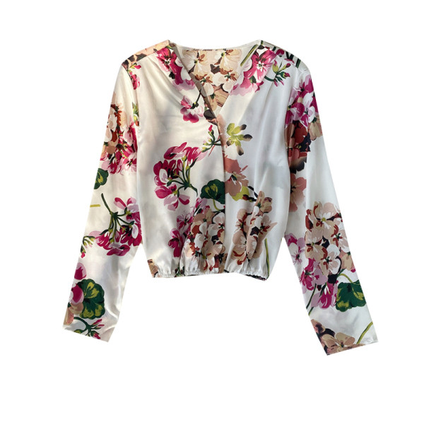 Modern női ing virágmintás, spitz nyakkivágással piros és fehér színben