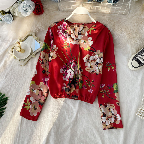 Modern női ing virágmintás, spitz nyakkivágással piros és fehér színben